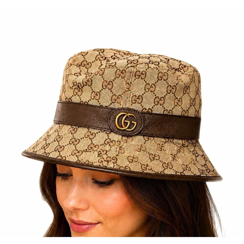 Gucci GG Monogram Canvas Bucket Hat Brown Leather Gold Logo Size Small Beige